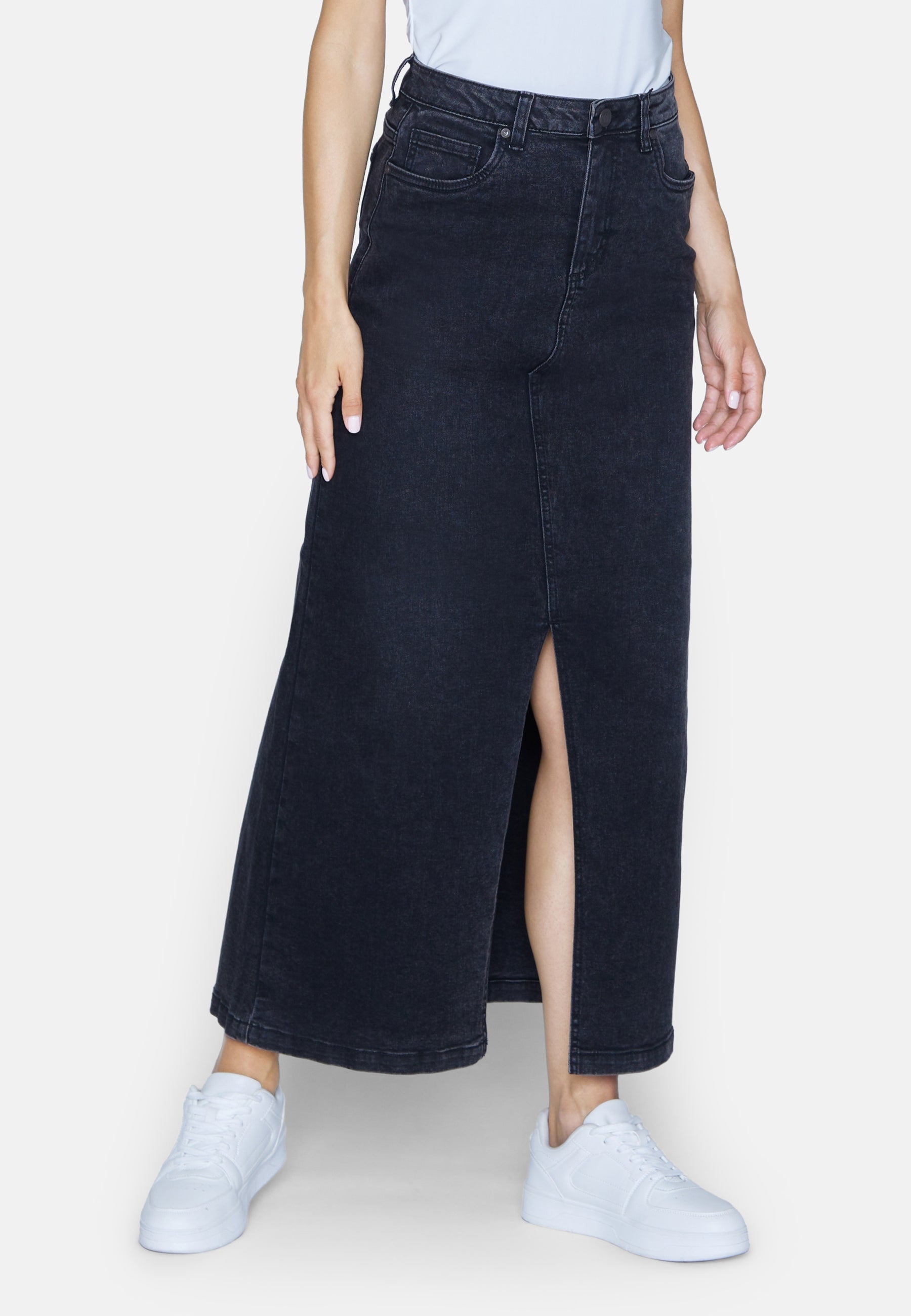 Sisters Point Olia Long Denim Skirt, Dark grey wash