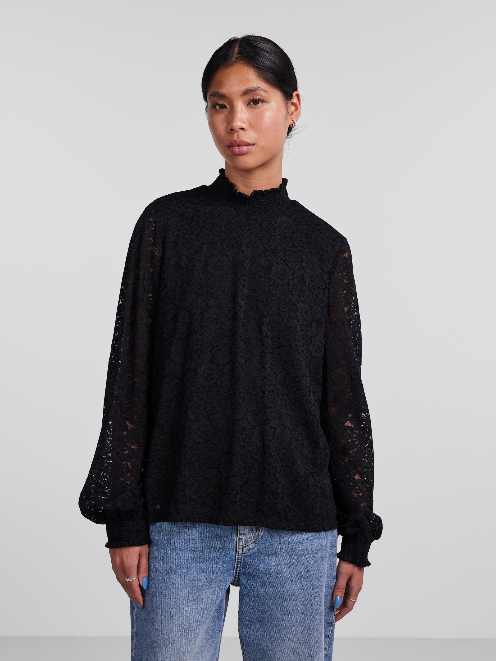 Pieces Fauna LS Lace top - black