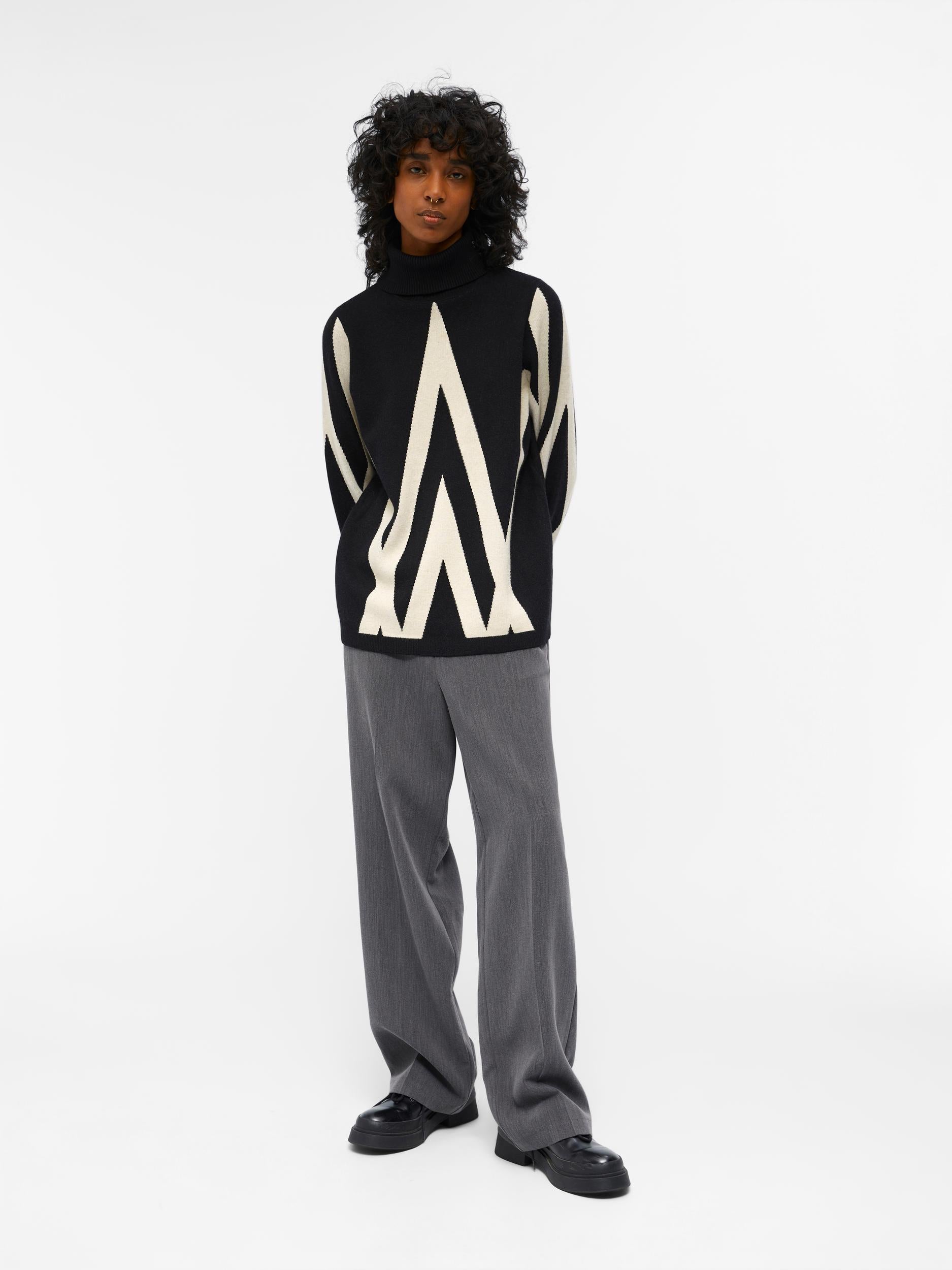 Object Ray Knit Rollneck Pullover, Black/creme